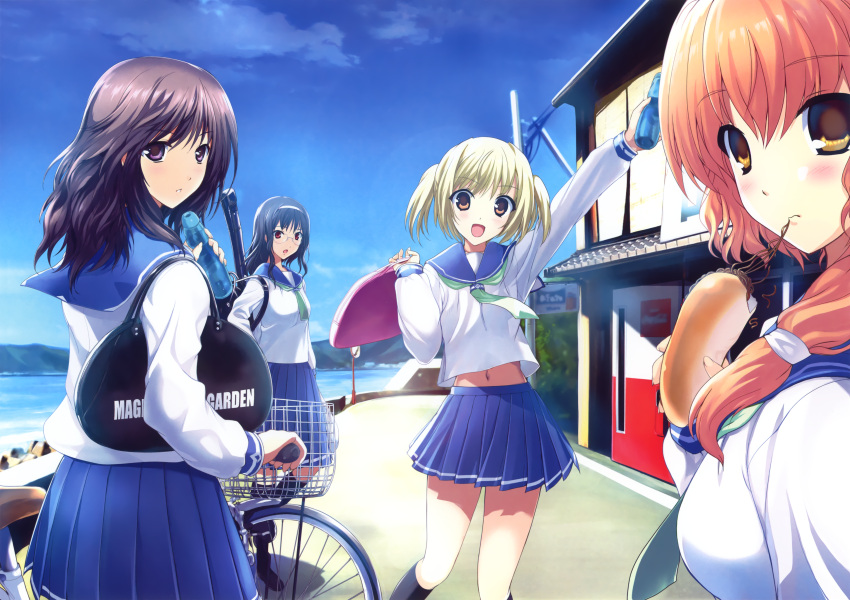 4girls, :d, absurdres, bicycle, black_hair, black_legwear, blonde_hair, blue_skirt, blush, brown_eyes, day, eating, eyebrows_visible_through_hair, ground_vehicle, hairband, highres, huge_filesize, kneehighs, long_hair, looking_at_viewer, midriff, miniskirt, multiple_girls, navel, onigiri-kun, onigirikun, open_mouth, orange_hair, original, outdoors, pleated_skirt, school_uniform, serafuku, shirt, short_twintails, skirt, smile, standing, stomach, twintails, white_hairband, white_shirt
