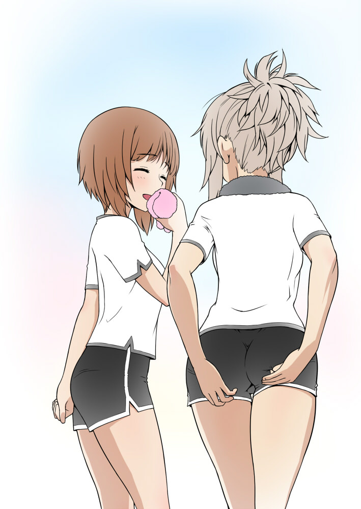 2girls, adjusting_clothes, adjusting_shorts, alternate_hairstyle, bangs, black_shorts, black_towel, blue_eyes
