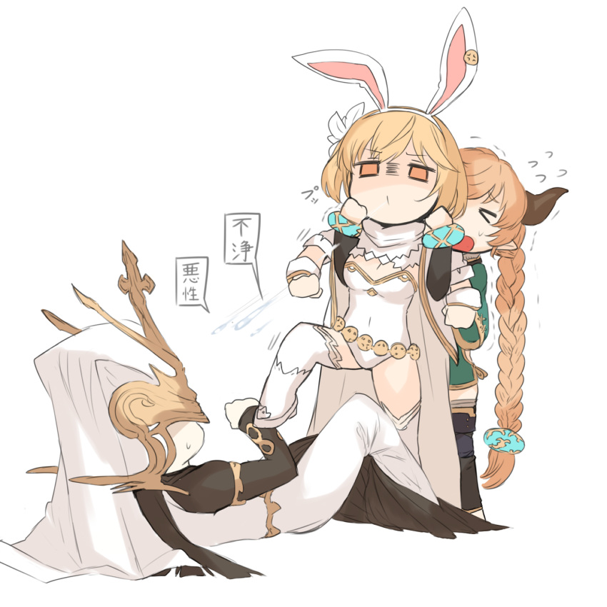 3girls, animal_ears, braid, cape, carmelina_(granblue_fantasy), djeeta_(granblue_fantasy), doraf, ganesagi, granblue_fantasy, highres, horns, leotard, multiple_girls, rabbit_ears, restrained, sage_(granblue_fantasy), single_braid, stomping, thigh-highs, vohu_manah