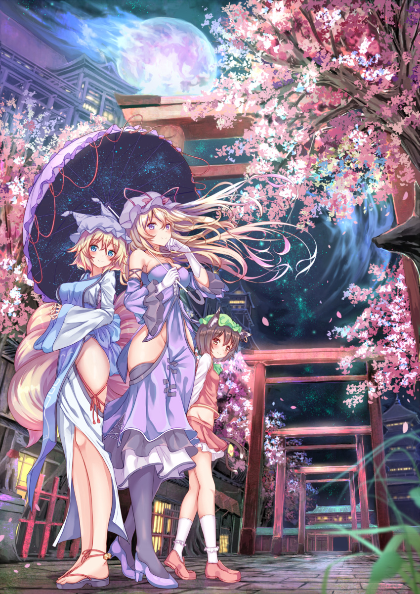 3girls, adapted_costume, animal_ears, anklet, architecture, bare_shoulders, blonde_hair, blue_eyes