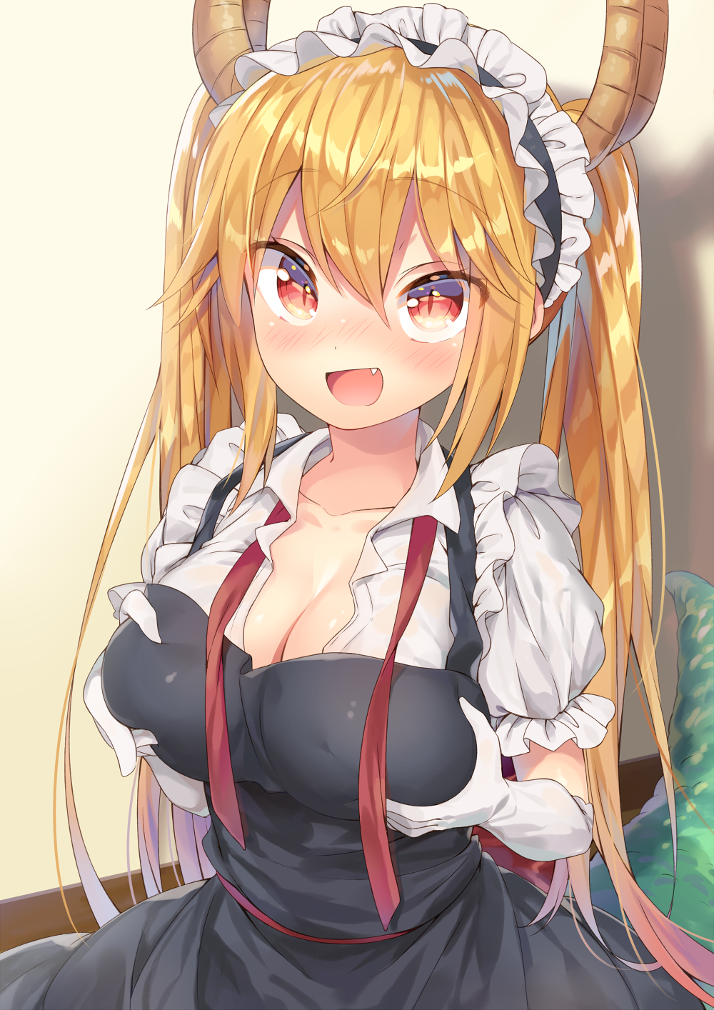 1girl, :d, breast_hold, breasts, cleavage, dragon_girl, dragon_horns, dragon_tail