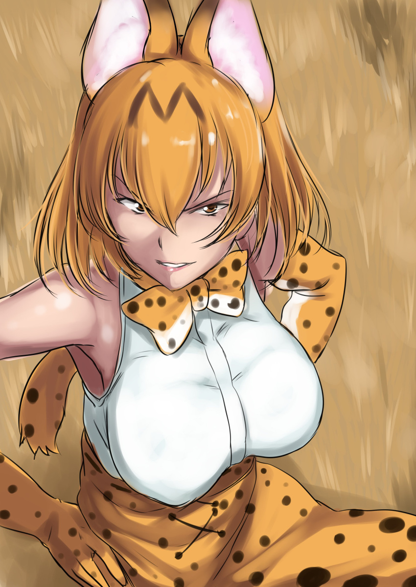 1girl, absurdres, animal_ears, animal_print, bare_shoulders, breasts, cat_ears, cat_tail, gloves, highres, kemono_friends, large_breasts, looking_at_viewer, parted_lips, sakushaaya_(3948aya), serval_(kemono_friends), short_hair, smile, solo, tail, yellow_eyes