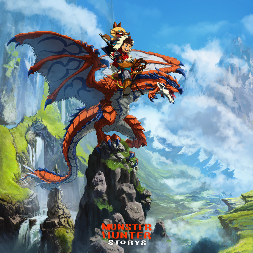 1boy, blue_sky, cat, day, dragon, grass, highres, hill