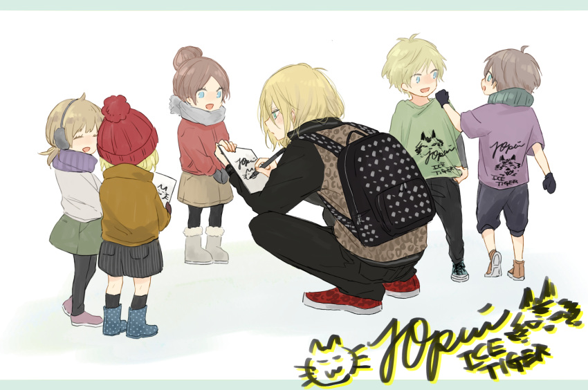 3boys, 3girls, ^_^, animal_print, backpack, bag, black_legwear, blonde_hair