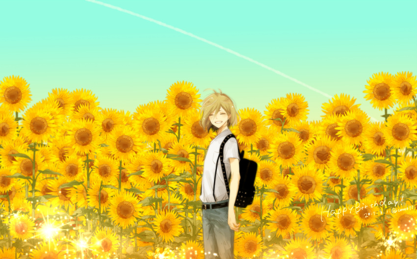 1boy, 2017, ^_^, backpack, bag, blonde_hair, blue_sky, closed_eyes