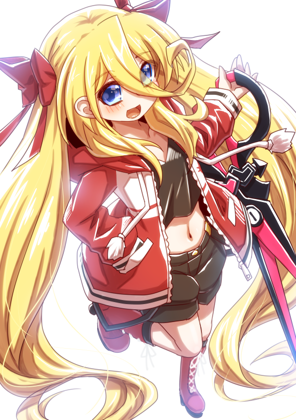 1girl, alternate_costume, blonde_hair, blue_eyes, blush, hair_between_eyes, hair_ribbon, long_hair