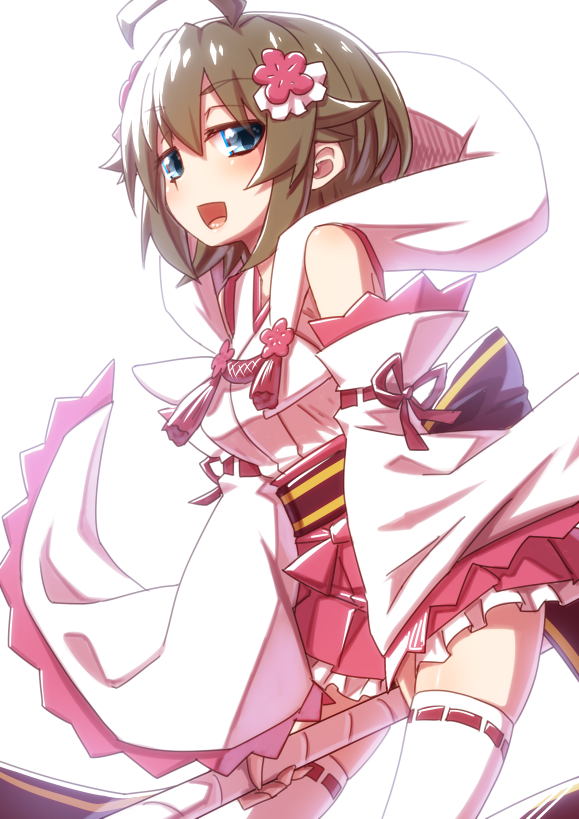 1girl, akazukin_(mary_skelter), alternate_costume, bare_shoulders, blush, brown_hair, coat, detached_sleeves