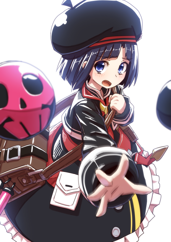 1girl, bag, blue_eyes, blue_hair, blush, hat, looking_at_viewer, mary_skelter