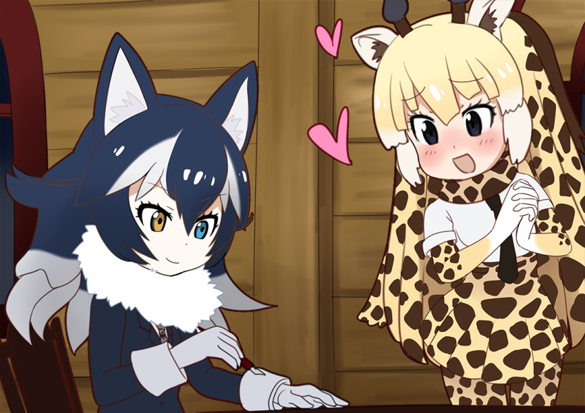 animal_ears, commentary_request, fur_collar, giraffe, giraffe_ears, giraffe_horns, grey_wolf_(kemono_friends), heterochromia