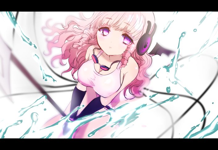1girl, bat_wings, breasts, cleavage, gloves, goggles, goggles_around_neck, headphones, long_hair, mahou_shoujo_ikusei_keikaku, mahou_shoujo_ikusei_keikaku_unmarked, naginata, pink_eyes, pink_hair, polearm, solo, swim_swim, swimsuit, water, weapon, wings, zonsters