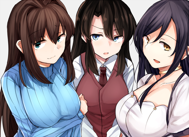 3girls, aozaki_aoko, bangs, black_hair, blouse, blue_eyes, blue_sweater, breasts