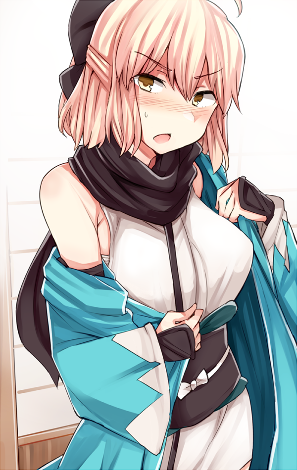 >:o, 1girl, :o, ahoge, arm_guards, bangs, black_bow, blonde_hair
