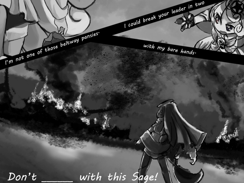 1girl, battle, coatifan, english, fire, greyscale, highres, mahou_shoujo_ikusei_keikaku