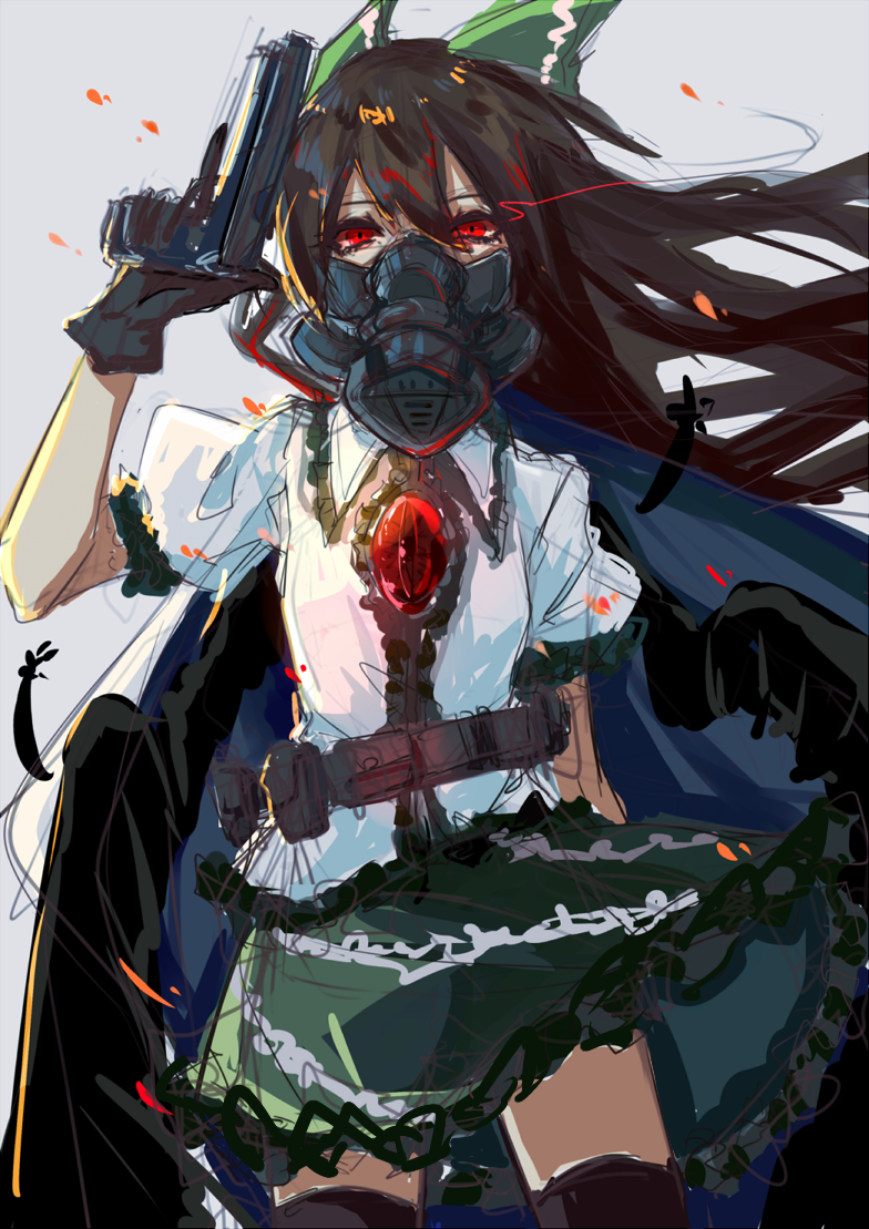1girl, aie, arm_at_side, belt, black_gloves, black_legwear, black_wings, bow