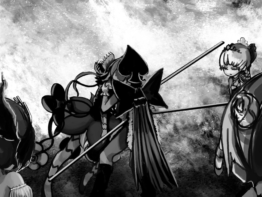 battle, coatifan, flower, fukuroi_marika, greyscale, highres, mahou_shoujo_ikusei_keikaku, mahou_shoujo_ikusei_keikaku_jokers