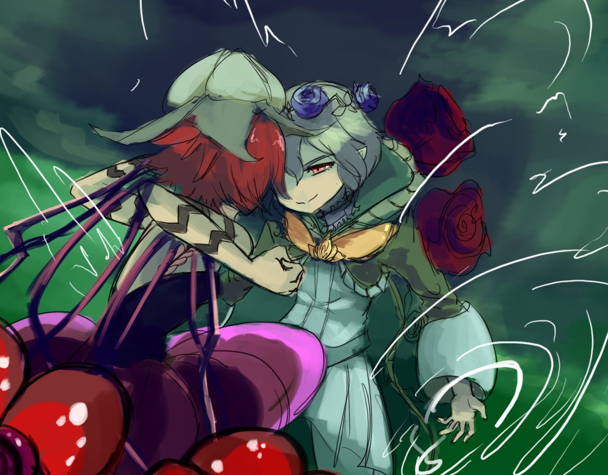 2girls, battle, clenched_hand, coatifan, cranberry_(mahoiku), face-to-face, flower, fukuroi_marika