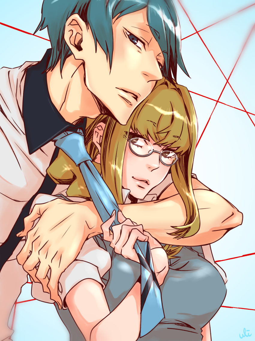 1boy, 1girl, blue_eyes, blue_hair, breast_pocket, brown_eyes, brown_hair, collared_shirt