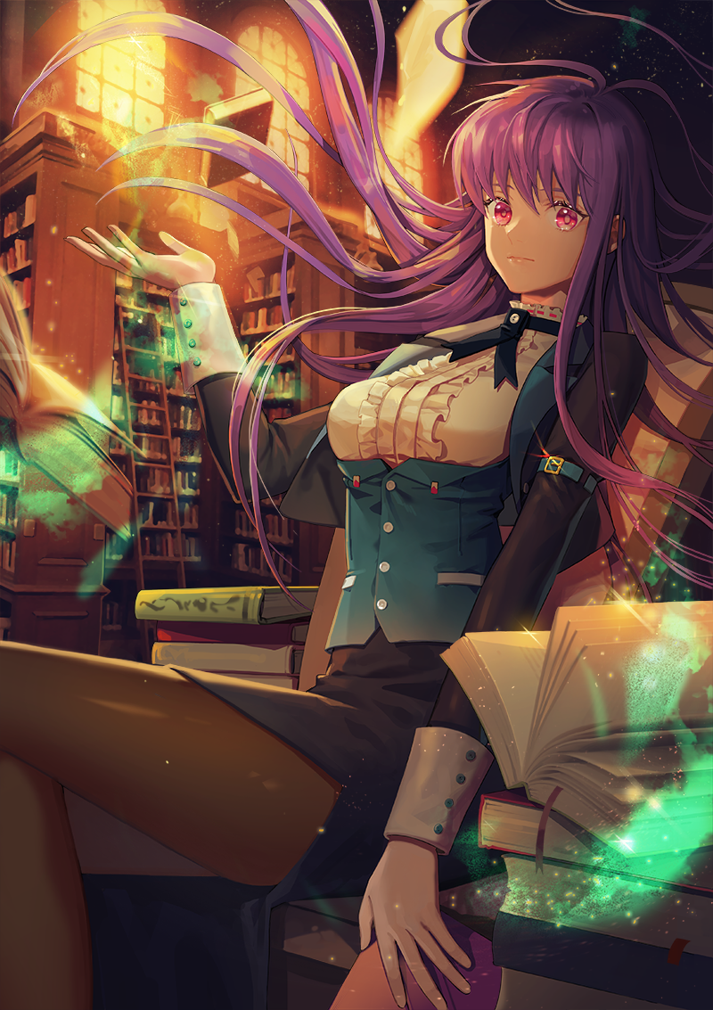 1girl, :|, bangs, black_skirt, book, book_stack, bookmark, bookshelf, brown_legwear, center_frills, closed_mouth, fantasy, floating_hair, glint, hand_up, holding, holding_book, indoors, ladder, levitation, library, light_particles, long_hair, long_sleeves, looking_at_viewer, magic, neck_ribbon, open_book, original, pantyhose, pencil_skirt, pink_eyes, purple_hair, ribbon, serious, sitting, skirt, solo, tg_(ttague), vest, window