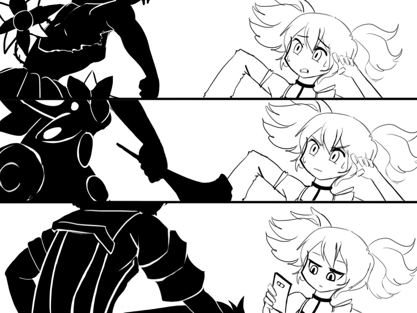 3koma, 4girls, cellphone, coatifan, comic, flame_flamey, flower, fukuroi_marika, greyscale, highres, mahou_shoujo_ikusei_keikaku, mahou_shoujo_ikusei_keikaku_jokers, mahou_shoujo_ikusei_keikaku_restart, monochrome, multiple_girls, phone, snow_white_(mahoiku), twintails, uttakatta