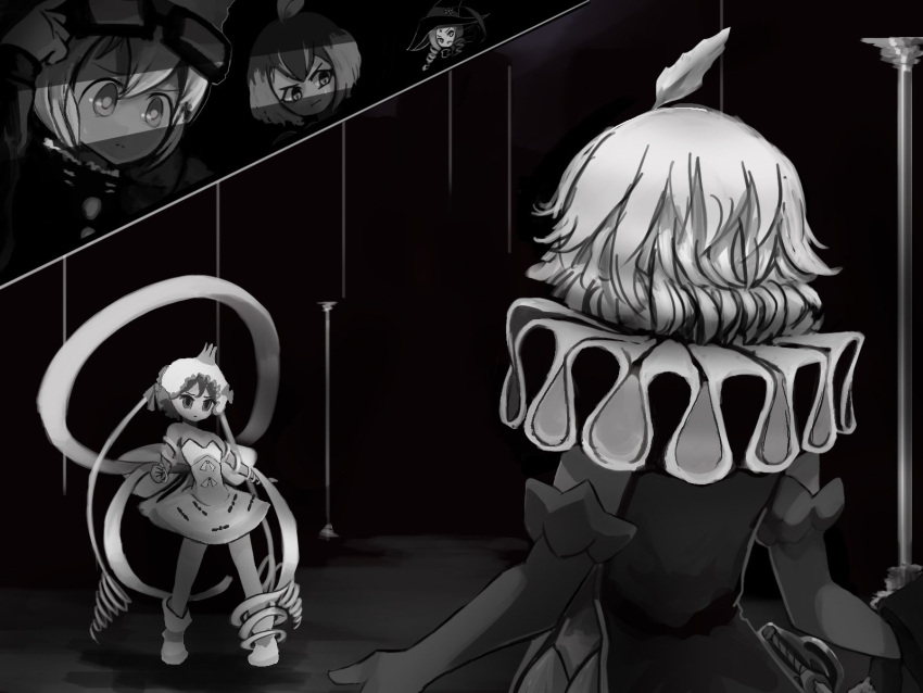 5girls, 7753, battle, coatifan, frills, funny_trick, greyscale, highres