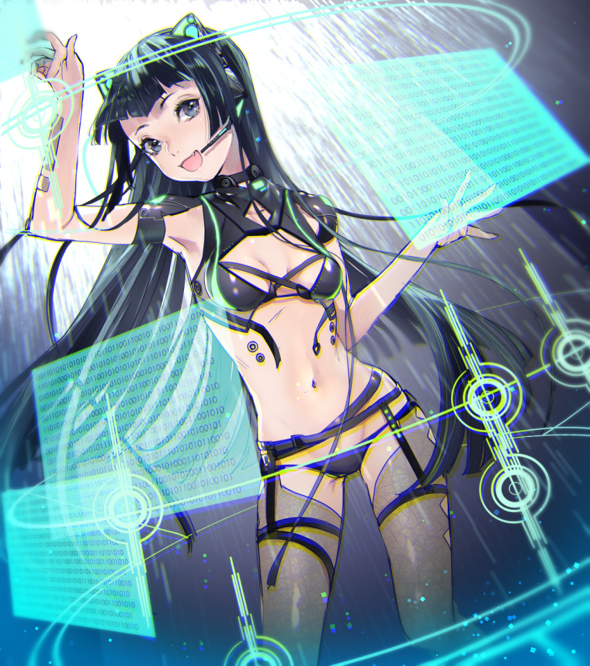 1girl, :d, arm_up, bangs, binary, black_bra, black_hair, black_legwear