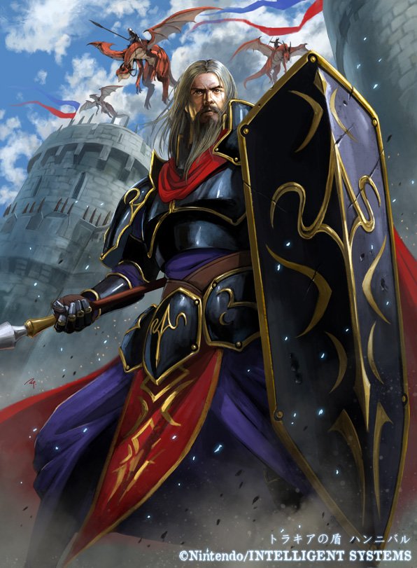 1boy, armor, beard, brown_hair, cape, castle, company_name, dragon