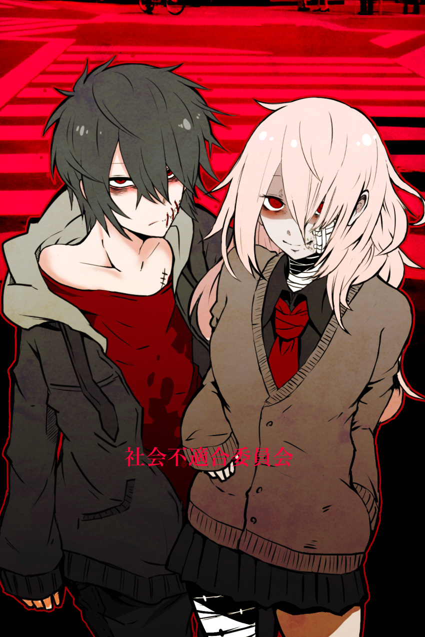 1boy, 1girl, bags_under_eyes, bandaged_cheek, bandaged_leg, black_hair, cardigan, crosswalk, gauze, hair_over_one_eye, highres, itosiki_zetu, jacket, limited_palette, long_hair, looking_at_viewer, messy_hair, necktie, off-shoulder_shirt, open_clothes, open_jacket, original, photo_background, pink_hair, red_background, red_etes, red_necktie, scar, school_uniform, shirt, sleeves_past_wrists, stitched_mouth, stitches, translation_request