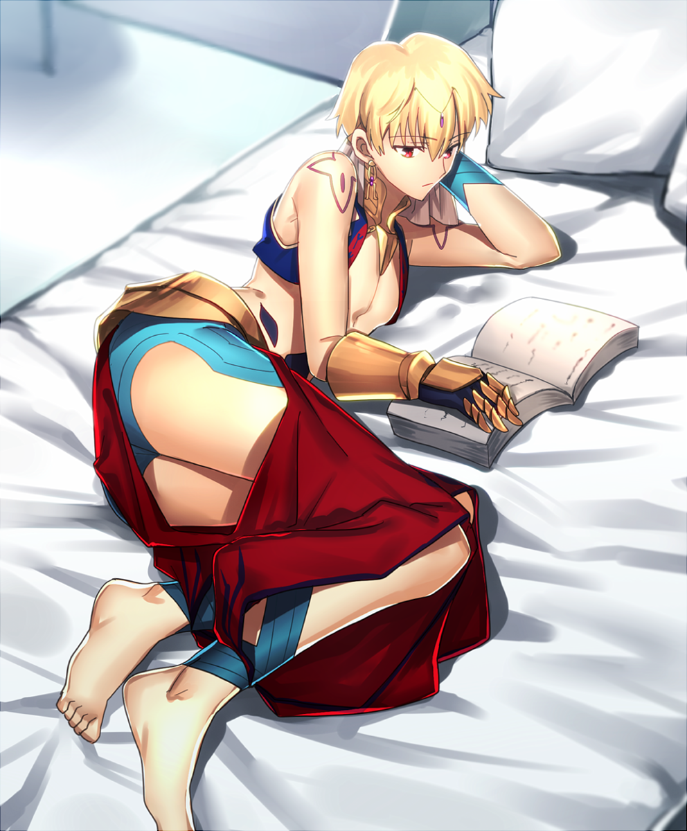 1boy, arabian_clothes, arm_support, ass, barefoot, bed, blonde_hair, book, chietori, closed_mouth, cropped_vest, earrings, fate/grand_order, fate_(series), gilgamesh, gilgamesh_(caster)_(fate), highres, jewelry, looking_down, lying, male_focus, on_bed, on_side, pectorals, pillow, reading, red_eyes, short_hair, thighs