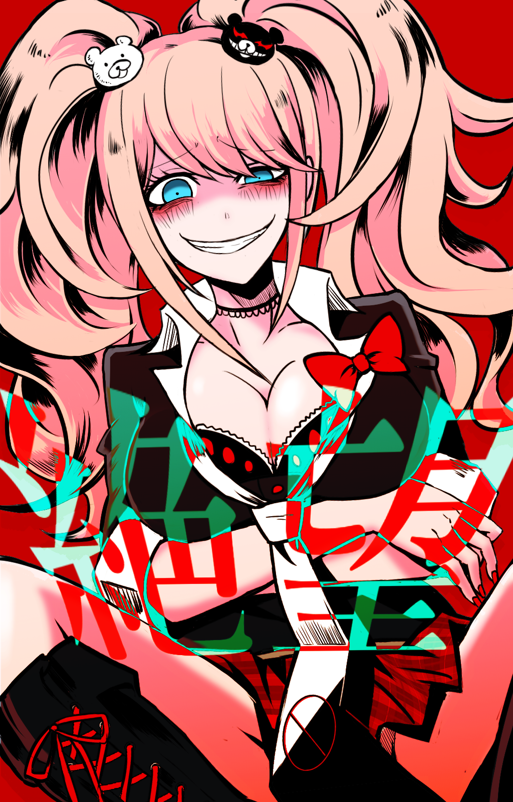 1girl, bags_under_eyes, blue_eyes, boots, bow, breast_press, breasts, cleavage