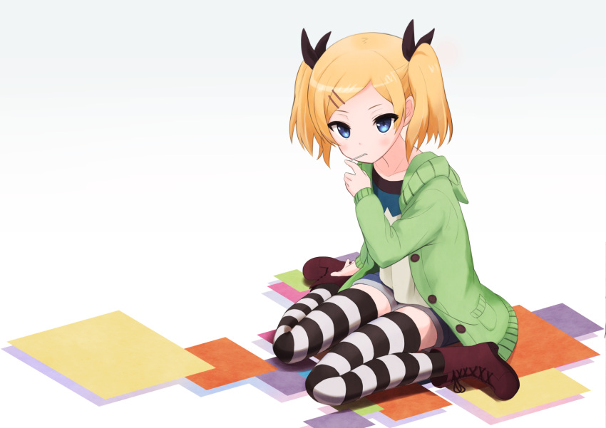 1girl, black_bow, blonde_hair, blue_eyes, boots, bow, eating, eyebrows_visible_through_hair