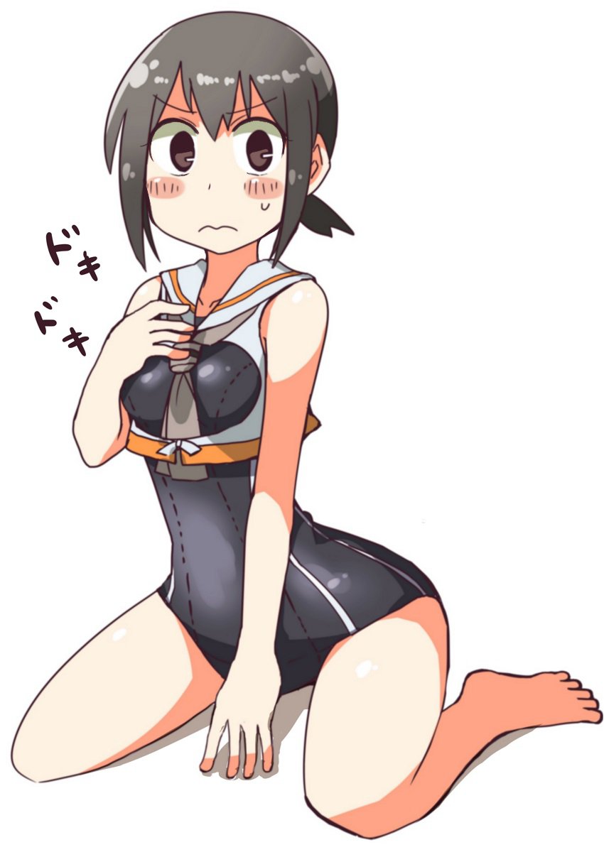 1girl, 3:<, alternate_costume, bare_shoulders, between_legs, black_hair, blush, blush_stickers
