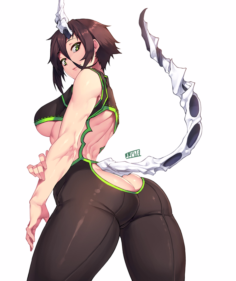 1girl, arched_back, arm_at_side, arm_grab, artist_name, ass, bare_shoulders, bodysuit, bone_tail, breasts, brown_pants, closed_mouth, cowboy_shot, crop_top, from_behind, full_body, green_eyes, hair_between_eyes, horn, jjune, legs_apart, looking_at_viewer, looking_back, medium_breasts, muscle, muscular_female, original, pants, pink_lips, short_hair, shoulder_blades, simple_background, skin_tight, skindentation, sleeveless, smile, solo, tail, twisted_torso, under_boob, white_background