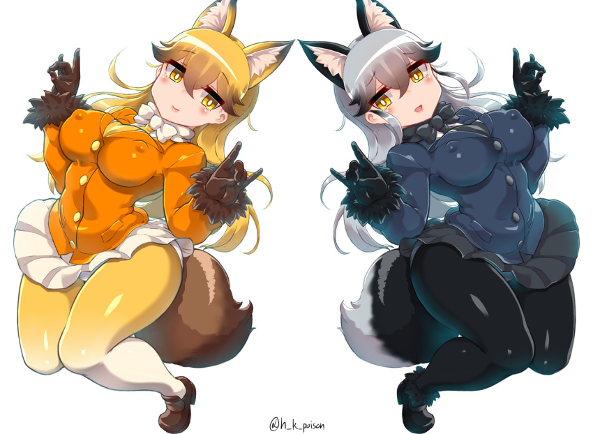 2girls, animal_ears, black_bow, black_bowtie, black_gloves, black_legwear, black_necktie, black_skirt
