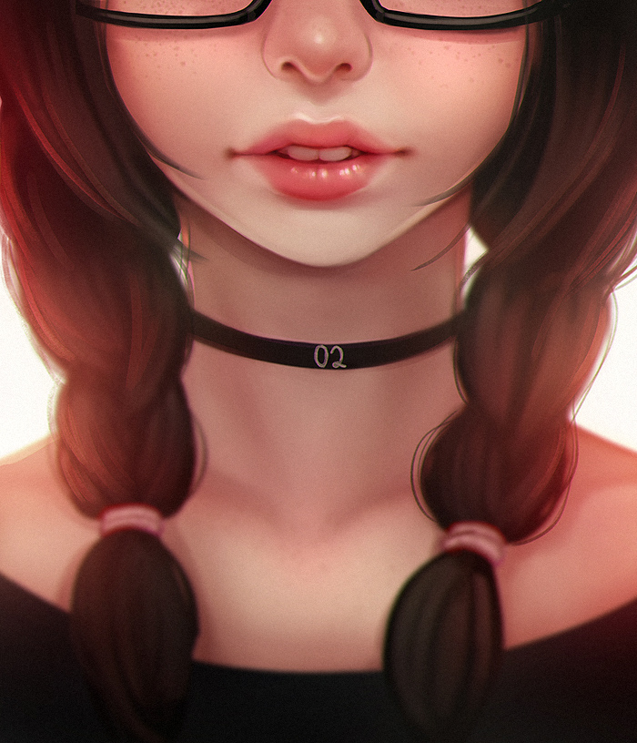 1girl, blurry, braid, brown_hair, buck_teeth, choker, close-up, depth_of_field