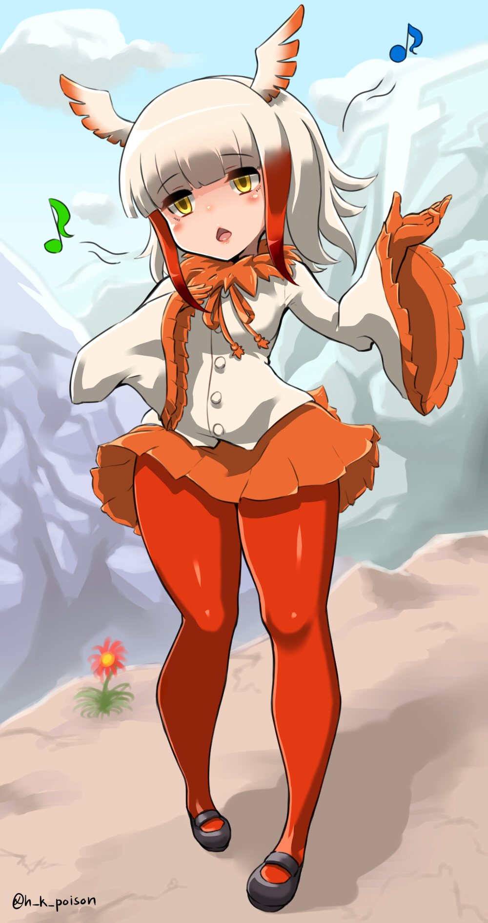 1girl, buttons, clouds, crested_ibis_(kemono_friends), eyebrows_visible_through_hair, flower, frilled_sleeves, frills