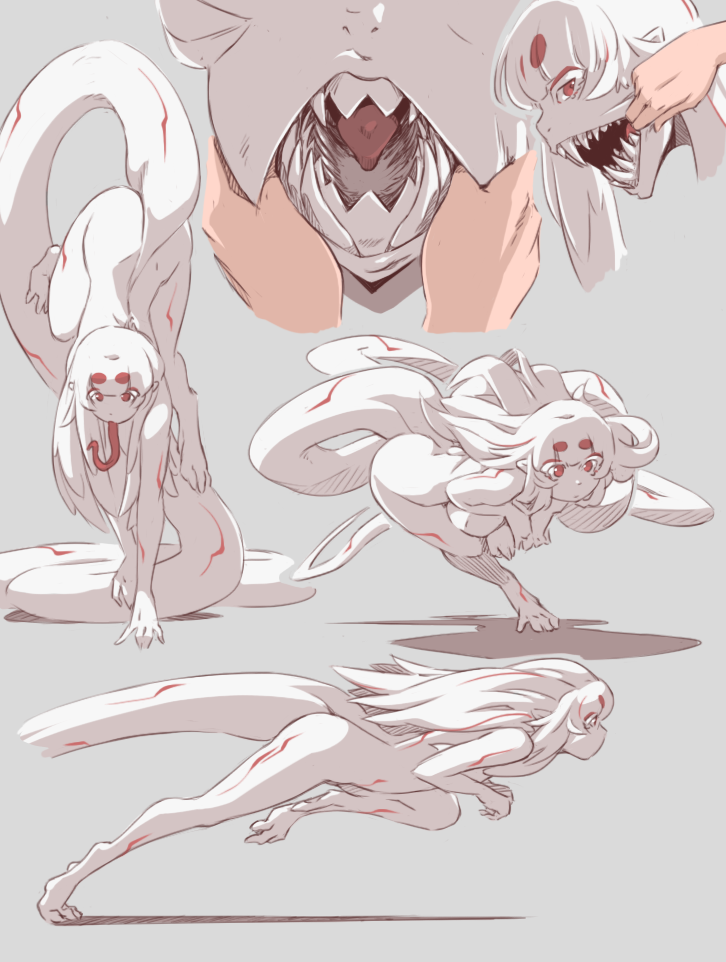 1girl, ad-6-0001a, alien, colored_eyelashes, grey_background, long_hair, long_tail, long_tongue