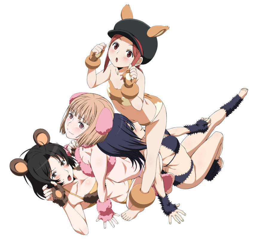 4girls, animal_costume, bangs, bare_shoulders, barefoot, black_hair, blunt_bangs, blush