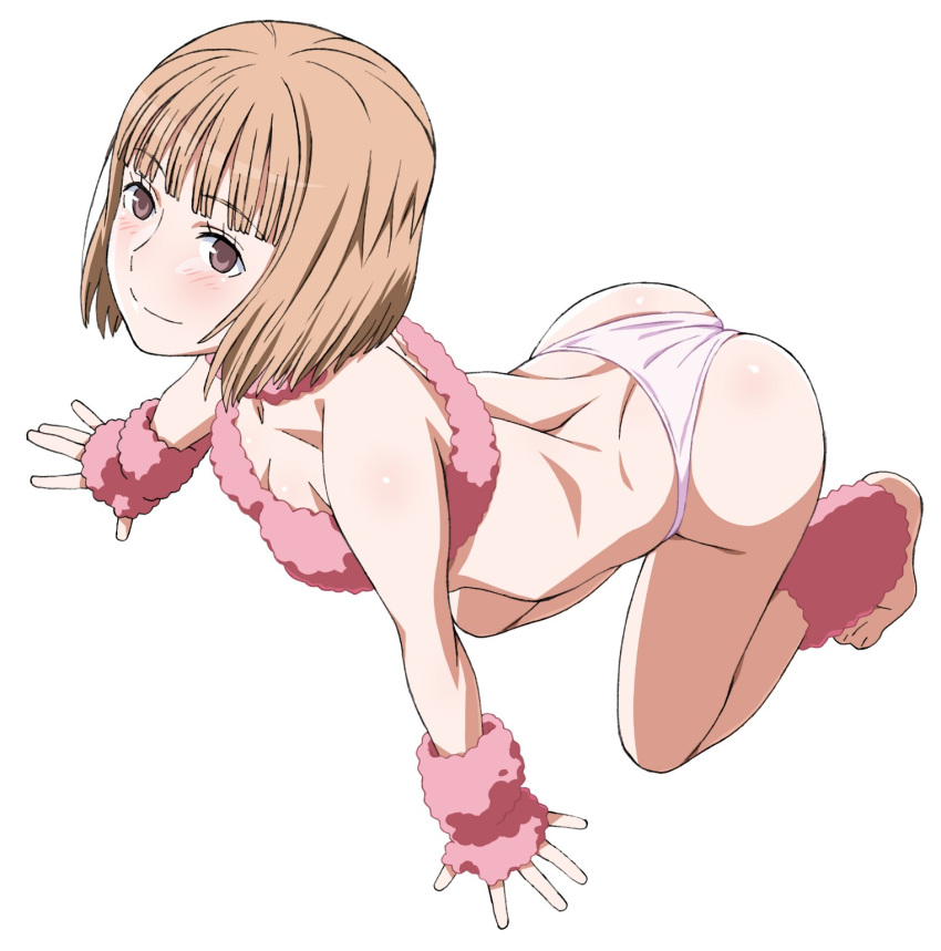 1girl, all_fours, animal_costume, ass, bangs, blunt_bangs, breasts, cleavage