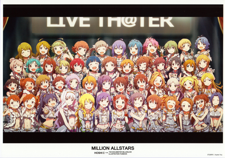 6+girls, ahoge, akizuki_ritsuko, amami_haruka, antenna_hair, aqua_eyes, arm_up, ayano_yuu_(sonma_1426), baba_konomi, black_hair, blonde_hair, blue_eyes, blue_hair, blush, braid, brown_eyes, brown_hair, clenched_hand, clenched_hands, closed_eyes, crop_top, crossed_arms, double_v, emily_stewart, everyone, fukuda_noriko, futami_ami, futami_mami, ganaha_hibiki, glasses, green_eyes, green_hair, grey_eyes, grey_hair, grin, hagiwara_yukiho, hair_between_eyes, hair_ornament, hair_ribbon, hairband, hairclip, hakozaki_serika, halter_top, halterneck, handa_roko, hands_clasped, high_ponytail, highres, hime_cut, hoshii_miki, ibuki_tsubasa, idolmaster, idolmaster_million_live!, index_finger_raised, jewelry, julia_(idolmaster), kasuga_mirai, kikuchi_makoto, kinoshita_hinata, kisaragi_chihaya, kitakami_reika, kitazawa_shiho, kousaka_umi, long_hair, low_twintails, maihama_ayumu, makabe_mizuki, matsuda_arisa, midriff, million_dreams, minase_iori, miura_azusa, miyao_miya, mochizuki_anna, mogami_shizuka, momose_rio, multicolored_hair, multiple_girls, nagayoshi_subaru, nakatani_iku, nanao_yuriko, navel, nikaidou_chizuru, nonohara_akane, one_eye_closed, one_side_up, oogami_tamaki, open_mouth, open_palms, orange_eyes, orange_hair, paw_pose, pink_eyes, pink_hair, ponytail, purple_hair, red_eyes, redhead, ribbon, satake_minako, scan, shijou_takane, shimabara_elena, shinomiya_karen, short_hair, short_twintails, siblings, side_braid, side_ponytail, silver_hair, single_braid, smile, suou_momoko, takatsuki_yayoi, takayama_sayoko, tanaka_kotoha, teeth, tenkuubashi_tomoka, tokoro_megumi, tokugawa_matsuri, toyokawa_fuuka, twin_braids, twins, twintails, v, v_arms, very_long_hair, vest, violet_eyes, yabuki_kana, yellow_eyes, yokoyama_nao