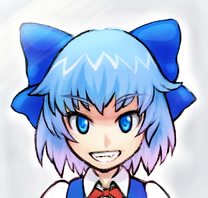 blue_hair, bow, cirno, face, fang, grin, hair_bow, multicolored_hair