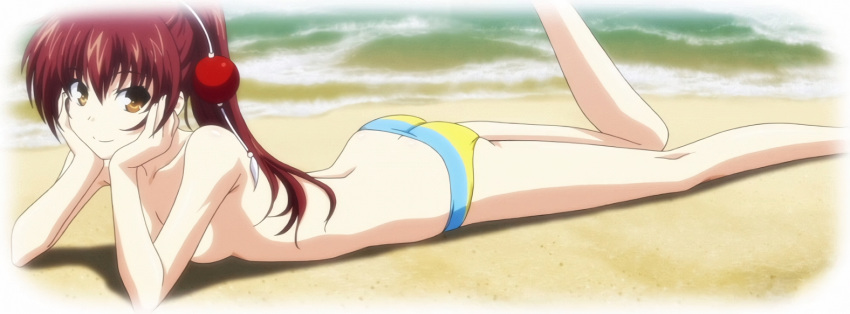 1girl, ass, beach, breasts, brown_eyes, brown_hair, cleavage, collarbone
