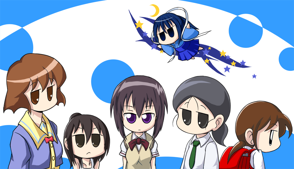:<, backpack, bag, bamboo_blade, black_eyes, black_hair, blue_eyes, blue_hair