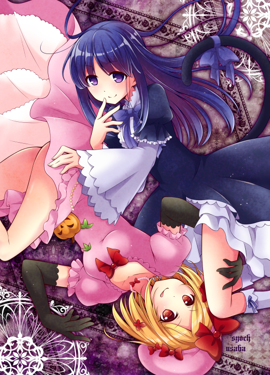 2girls, :q, artist_name, black_gloves, blonde_hair, blue_hair, bow, cat_tail