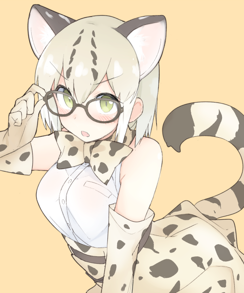 >:o, 1girl, :o, adjusting_glasses, animal_ears, bare_shoulders, black-framed_eyewear, blonde_hair