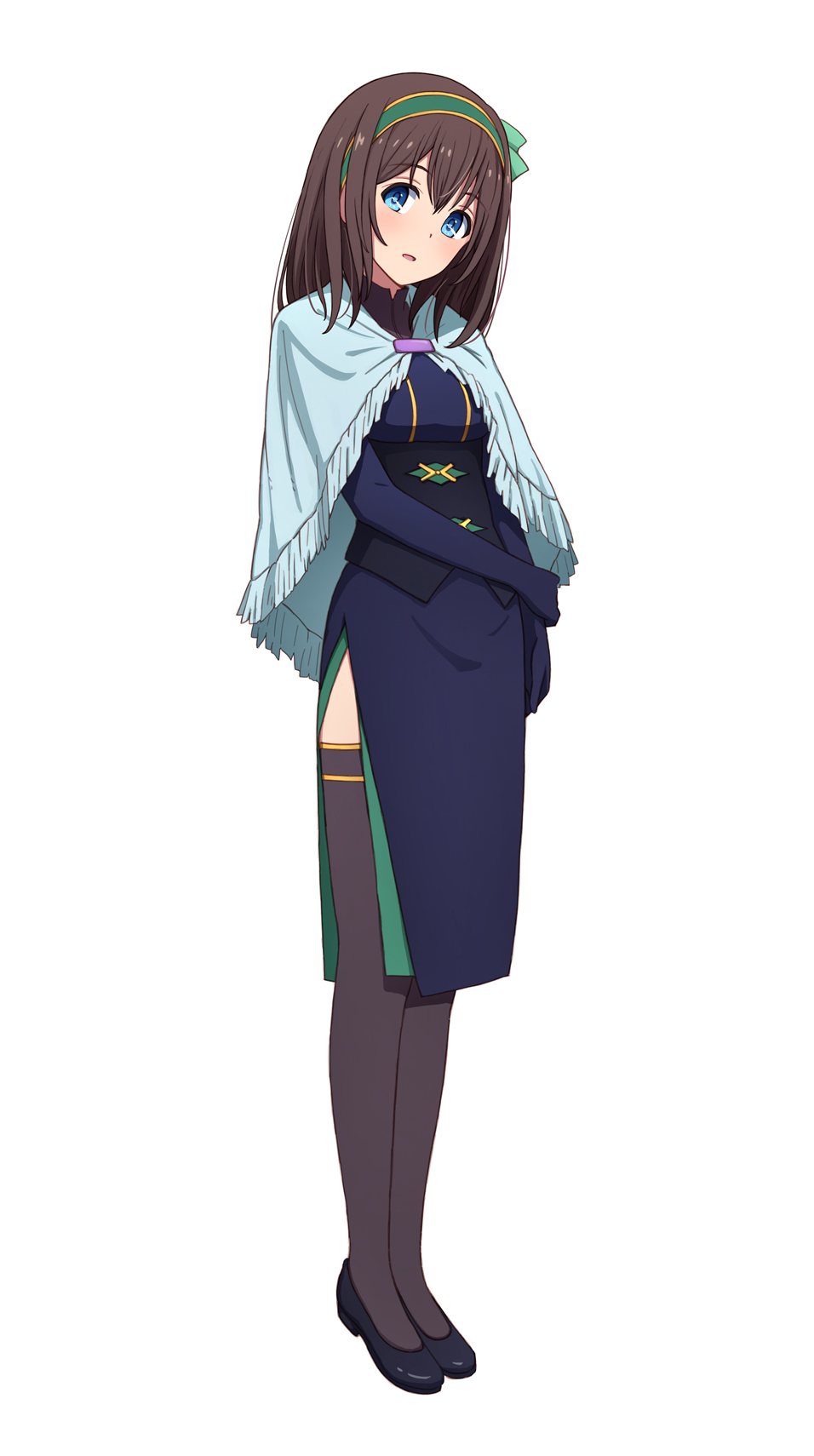 1girl, black_hair, black_legwear, blue_eyes, blush, breasts, capelet, full_body, hairband, highres, idolmaster, idolmaster_cinderella_girls, long_hair, project_krone, sagisawa_fumika, simple_background, solo, thigh-highs, white_background, yahiro_(epicopeiidae)