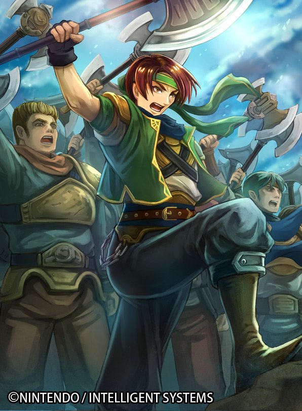 1boy, axe, belt, boots, brown_eyes, brown_hair, company_name, fingerless_gloves, fire_emblem, fire_emblem:_seisen_no_keifu, fire_emblem_cipher, gloves, headband, johalva_(fire_emblem), male_focus, nekobayashi, official_art, open_mouth, sky, solo, teeth, weapon