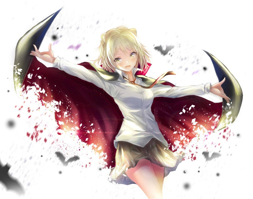 1girl, absurdres, bat, blonde_hair, cape, demi-chan_wa_kataritai, fang, fhilippedu, highres, looking_at_viewer, necktie, outstretched_arms, red_necktie, school_uniform, skirt, solo, standing, takanashi_hikari, vampire, yellow_eyes