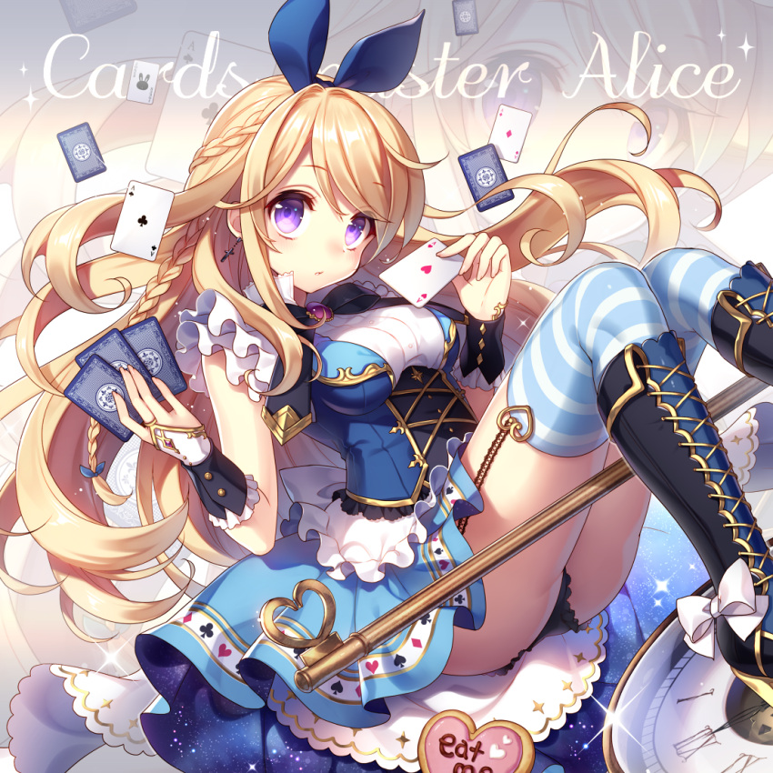 1girl, ace, alice_(wonderland), alice_in_wonderland, bangs, black_boots, black_panties, blonde_hair