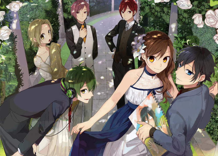 2girls, 4boys, bangs, black_hair, blue_dress, blue_eyes, brown_hair, couple