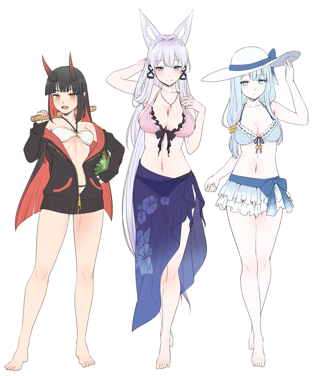 3girls, :d, animal_ears, arm_up, bangs, bare_legs, barefoot, bikini
